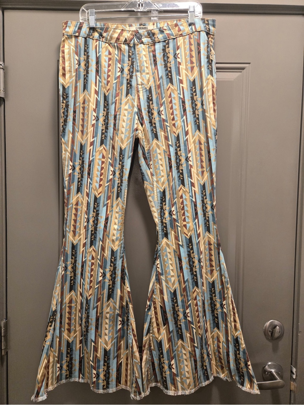 Rock & Roll Denim Patterned Flare Jeans in Blue and Tan